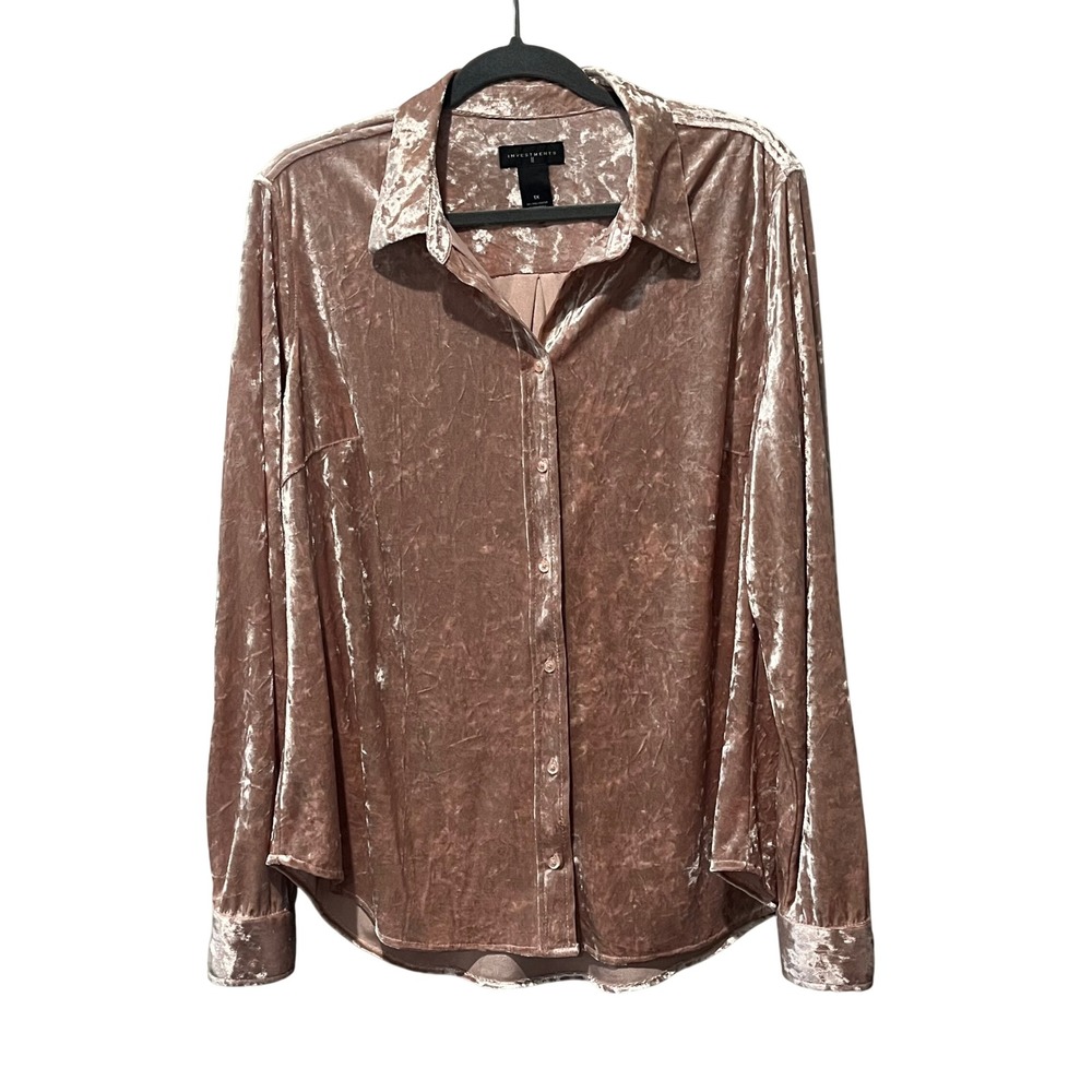 INVESTMENTS Crushed Velvet Button Down Shirt‎ Rose Pink Long Sleeve Plus Size 1X